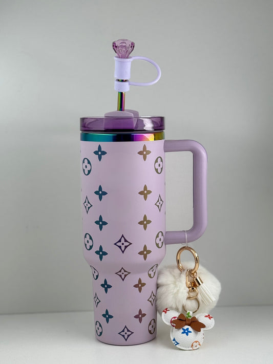 40oz luxury-inspired travel cup, luxury keyring and gem straw topper – lilac