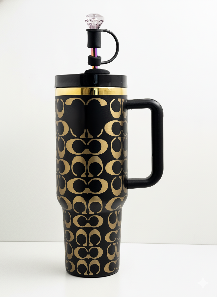 40oz holographic monogram travel cup – black and gold
